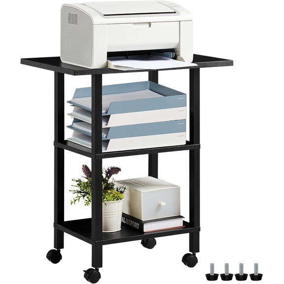 HJTER 3 Tier Printer Stand with Storage, Printer Table for Home Office, Wooden Rolling Printer Cart Shelf with Lockable Wheels fit Fax Machine, Scanner(Black)