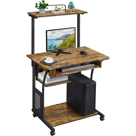 HJTER 3 Tiers Rolling Computer Desk with Keyboard Tray and Printer Shelf for Home Office, Mobile Computer Desk for Small Space, Retro Computer Table Compact PC Laptop Workstation, Rustic Brown