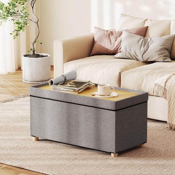 HJTER 30 Inches Storage Ottoman Bench, Linen Fabric Footstool with Flip Top Tray, Padded Foot Rest Stool, Rectangular Eed of Bed Bench, Storage Chest for Living Room, Entryway, Bedroom