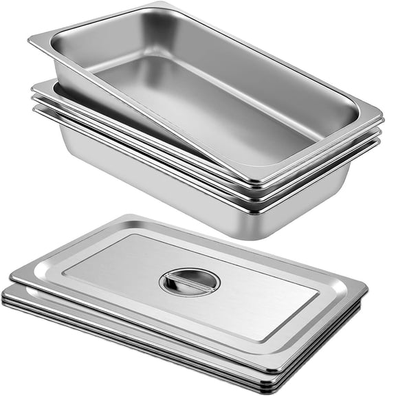 HJTER 4 Pack Stainless Steel Hotel Pans,Full Size 3.7 Inch Deep 0.8mm Thick Anti Jam Commercial Food Pans with lid,Catering Food Storage Metal Pan for Steam Tables, Restaurants,20.8 x 13 x 3.7 inch.
