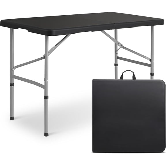 HJTER 4Ft Folding Card Table, Outdoor Foldable Small Portable Plastic Dining Picnic Cookout Table w/Handle, Black