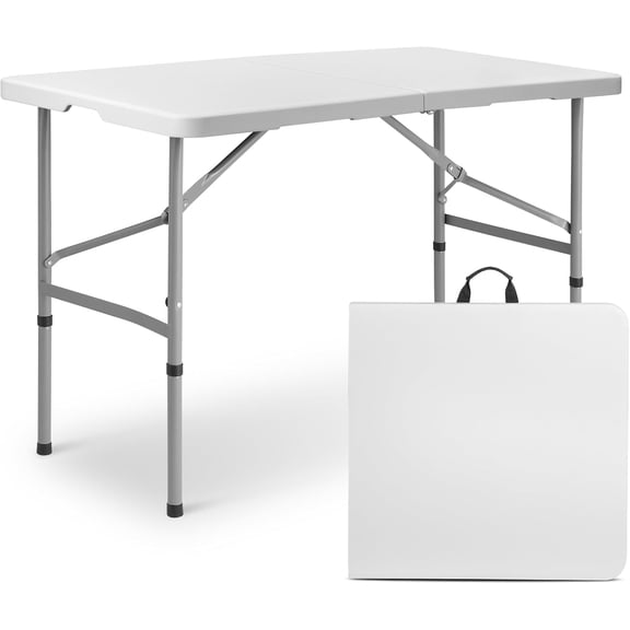 HJTER 4Ft Folding Card Table, Outdoor Foldable Small Portable Plastic Dining Picnic Cookout Table w/Height Adjustable and Handle, White