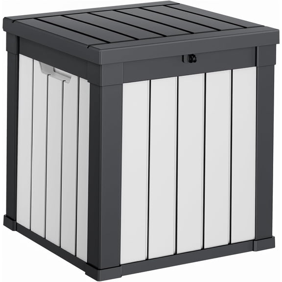 HJTER 50 Gallon Resin Deck Box, Lockable Patio Outdoor Storage Box for Furniture, Garden Tools and Tools Storage, Waterproof Outside Storage Boxes - Black&White
