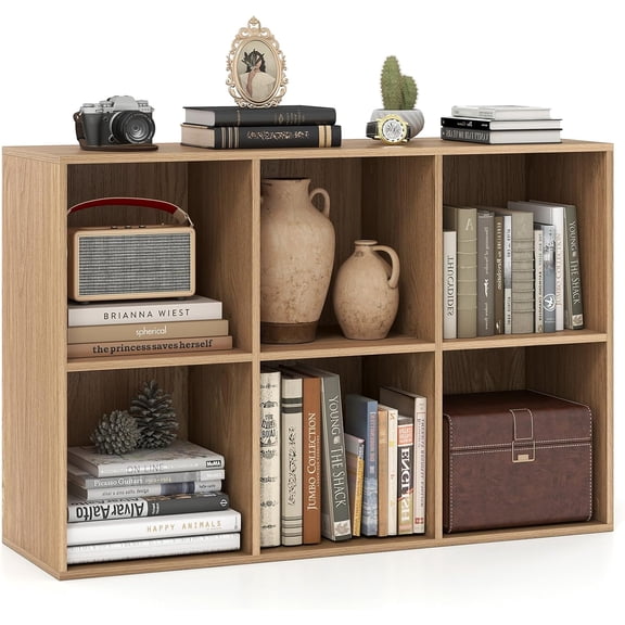 HJTER 6-Cube Bookcase, 3-Tier Cubby Bookshelf, Horizontal Vertical Display Rack with Anti-Tipping Kits, Modern Storage Organizer Shelf Unit for Bedroom, Living Room, Study Room, Natural