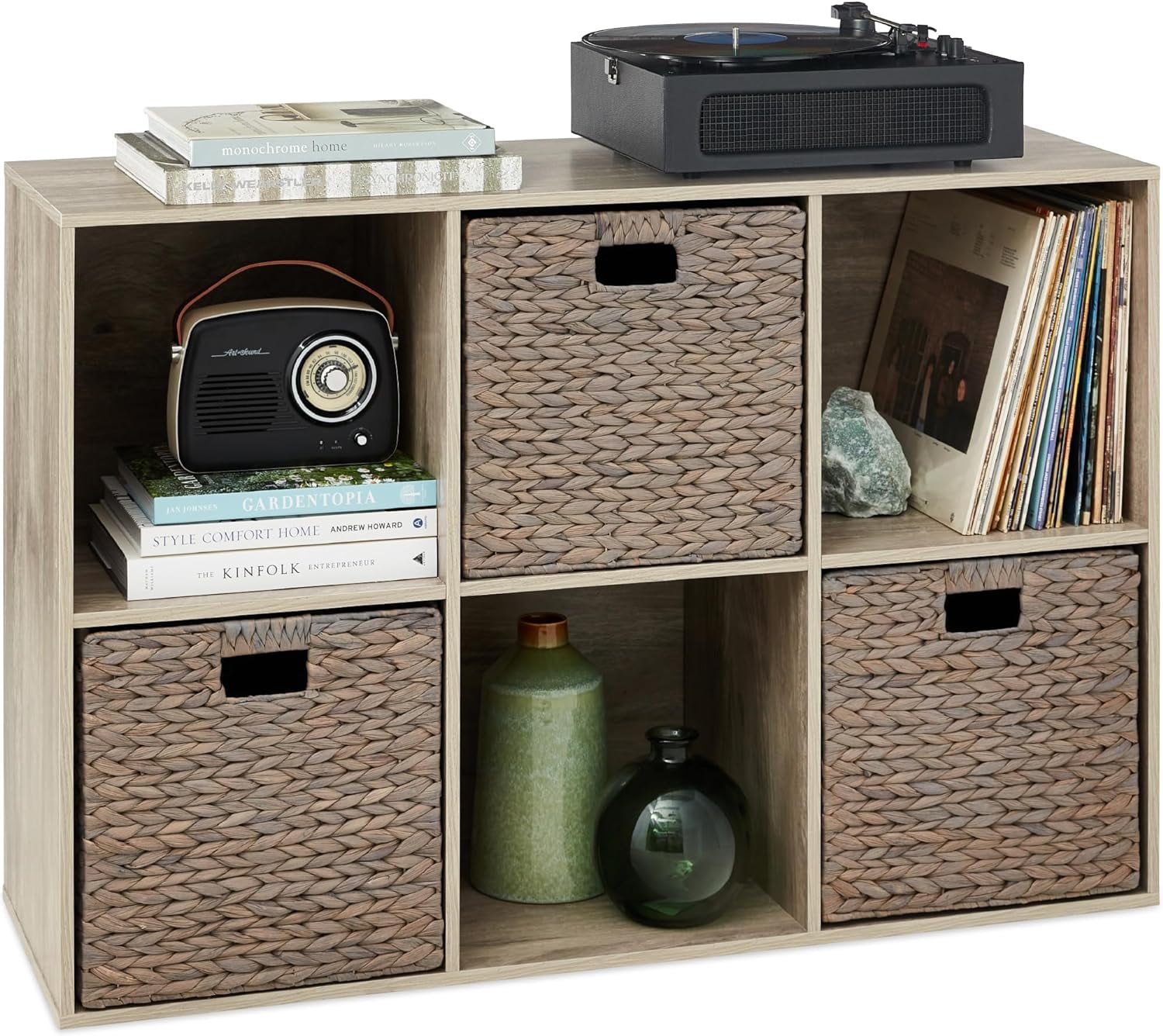 HJTER 6-Cube Storage Organizer, 13.5in Shelf Opening, Bookcase, Display Shelf, Customizable w/ 3 Removable Back Panels – Greige