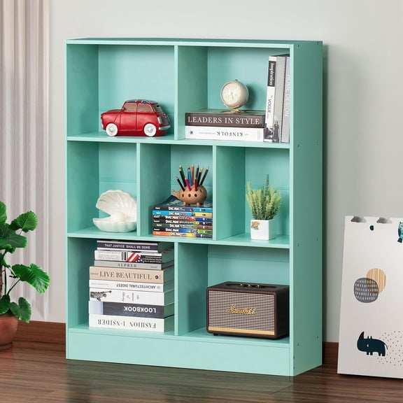 HJTER 7 Cube Bookshelf with Base,3 Tier Modern Mint-Green Kids Bookcase,Standing Wide Bookshelves Storage Organizer Toy Shelf,Wood Display Children's Book Shelves for Bedroom,Living Room,Nursery