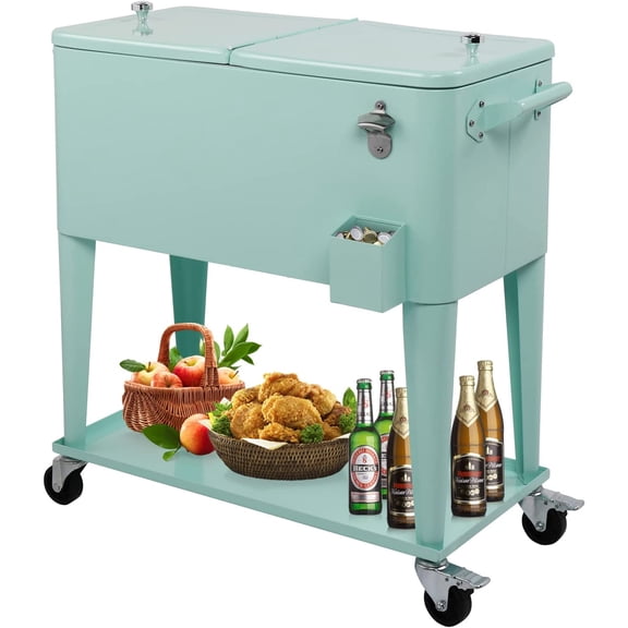 HJTER 80 Quart Rolling Ice Chest on Wheels, Portable Patio Party Bar Drink Cooler Cart, with Shelf, Beverage Pool with Bottle Opener,Water Pipe