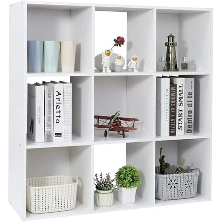 HJTER 9 Cube Storage Organizer 11 inch Cube Storage Shelf 3 x 3 Wood Bookcase Display Bookshelf with 5 Removable Back Panels for Kids Children Home, Office, Bedroom, Living Room, White