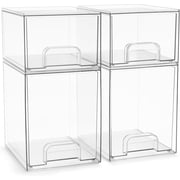 HJTER Acrylic Storage Containers - 4 Pack, Stackable Storage Bins Set for Bathroom Organization - Clear Acrylic Drawer Organizers - Makeup Case Pull-Out Drawers 7.6  and 4.4  Tall