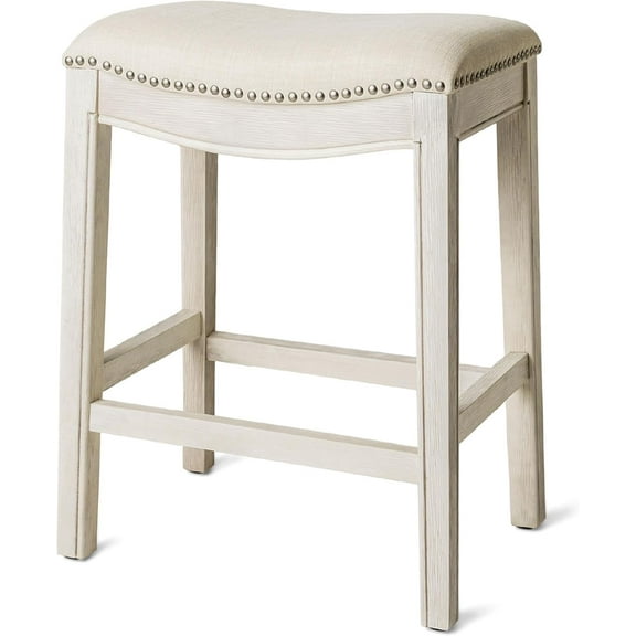HJTER Adrien Backless Counter Stool 26 Inches Saddle Stool with Footrest Cream Solid Wood Frame & Cream Fabric Upholstery Perfect for Kitchen Islands & Counters