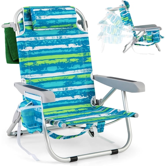 HJTER Backpack Beach Chair, Foldable Camping Chair with 5 Adjustable Position, Cup Holder, Side Pockets, Straps, Towel Bar, 330lbs Capacity, Low Beach Lounge, Lay Flat Lawn Chairs for Patio Outdoor