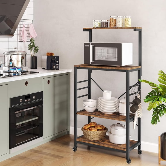 HJTER Bakers Rack on Wheels(16D x 24W x 50H Inches), Microwave Stand Cart Coffee Bar Stand with 6 Hooks, Kitchen Utility Storage Cart with Spice Rack, Rustic Brown