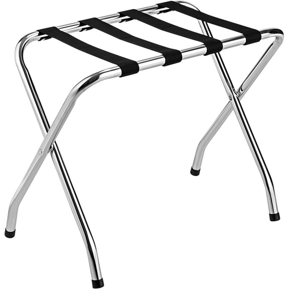 HJTER Chrome Luggage Rack for Guest Room, No Assembly Required, Folding Metal Suitcase Stand with Nylon Belts, for Home Bedroom Guest Room Hotel, Luggage Rack, Silver (1)