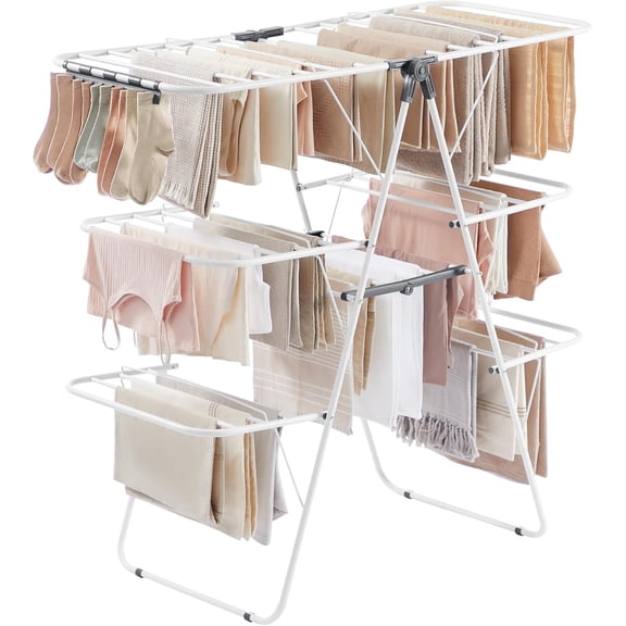 HJTER Clothes Drying Rack, Foldable 3-Level Laundry Rack, Free-Standing Large Drying Rack, with Height-Adjustable Wings, 39 Drying Rails, Sock Clips, White and Gray ULLR054W01