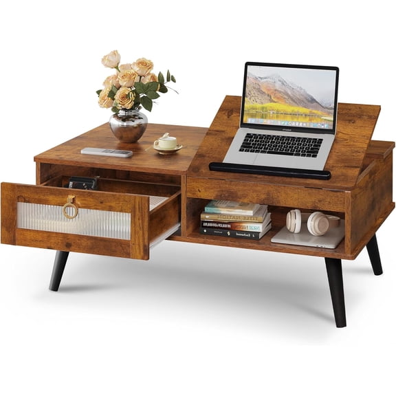 HJTER Coffee Table, Lift Top Coffee Table with Storage Shelf, Drawer, Height Adjustable and Tilting Tabletop for Living Room, Mid Century Modern, Wood, Rustic Brown