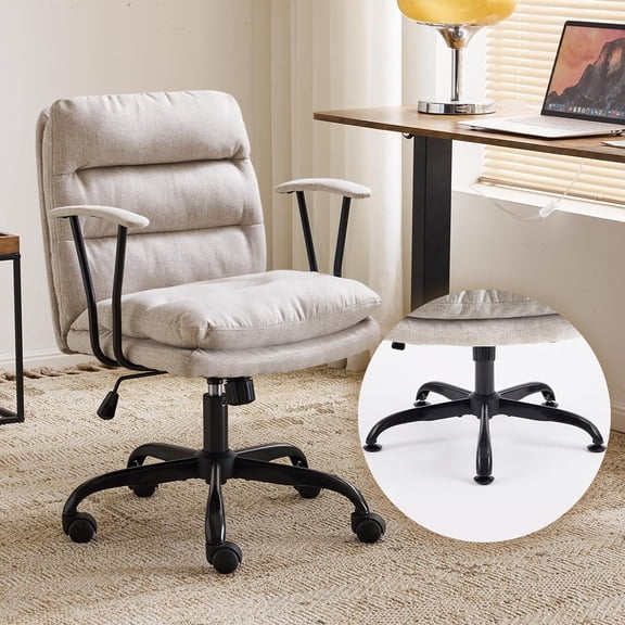 HJTER Comfortable Office Desk Chairs with/No Wheels,Dual-Base,Removable Armrests,Adjustable Comfy Swivel Computer Task Nail Tech Chair for Office,Sewing,Makeup Vanity,Teen,Linen Fabric,Light Grey