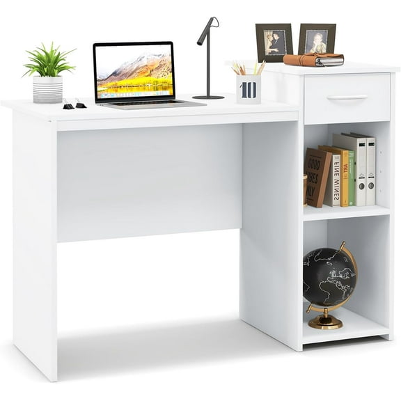 HJTER Computer Desk with Storage, Modern PC Laptop Table with Printer Shelf, Drawer, CPU Stand & Cable Hole, Compact Study Writing Desk Workstation for Small Spaces Home Office, White