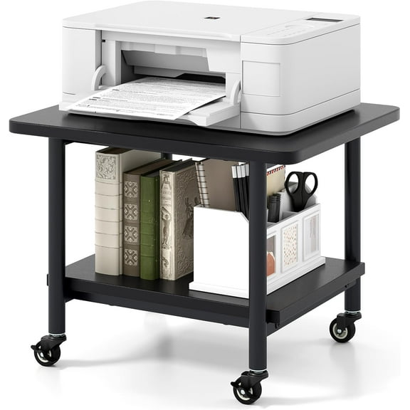 HJTER Under Desk Printer Stand, 2-Tier Mobile Printer Table with Storage Shelf, Lockable Wheels & Metal Frame, Rolling Printer Cart Holder, Storage Rack for Home Office Scanner Fax Machine (Black)