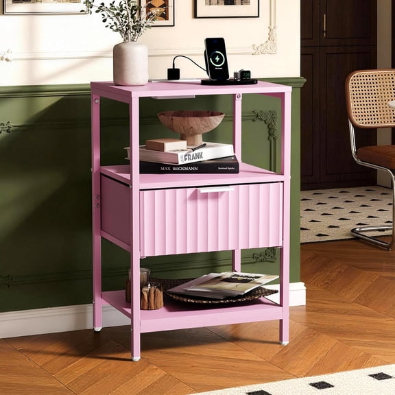 HJTER Fluted Nightstand with Charging Station, End Table with Fabric Drawer, Night Stand with Storage Shelf & Handle, Fluted Side Table for Bedroom/Living Room,Pink