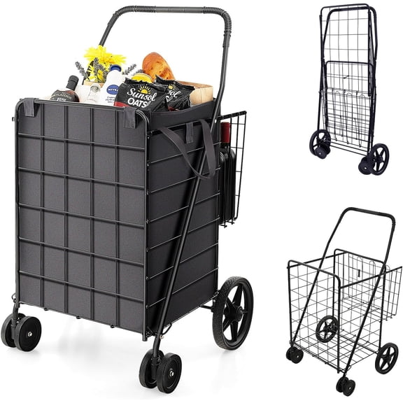 HJTER Folding Shopping Cart for Groceries, Upgraded Jumbo Grocery Cart with Waterproof Liner, 32 Gallon Capacity, 360 Rolling Swivel Wheels and Double Basket, Heavy Duty Foldable Utility Cart