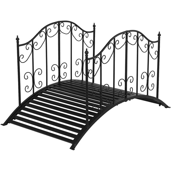 HJTER Garden Bridge Metal Yard Arch Path Bridge with Patterned Guardrails, Ourdoor Decorative Black Iron Foot Bridge for Pond and Backyard Landscaping-4FT