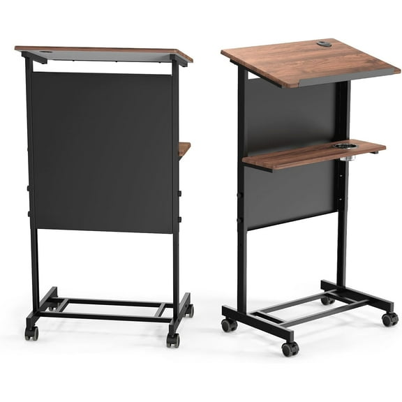 HJTER Height Adjustable Portable Podium Stand, Wheeled Lectern with Storage Shelf, Rolling Pulpits with Edge Stopper for Church, Ceremony, Classroom Lecture Speech Teach Platform (Brown & Black)