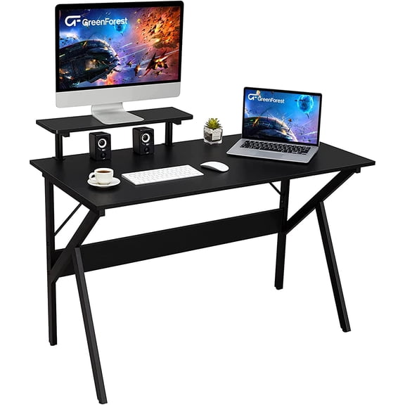 HJTER Home Office Desk with Monitor Shelf Computer Gaming Desk 47 inch Writing Study Table for Workstation, Black