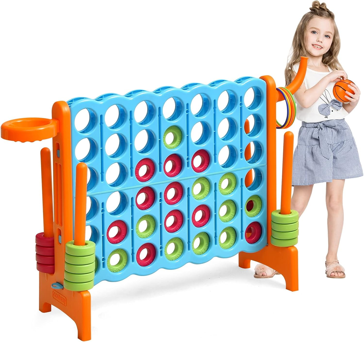 HJTER Jumbo 4-to-Score Giant Game Set for Kids & Adults, 2.5Ft Indoor Outdoor Game with Basketball Hoop, Ring Game, 42 Jumbo Rings, Quick-Release Slider, Perfect for Birth & Holiday Party