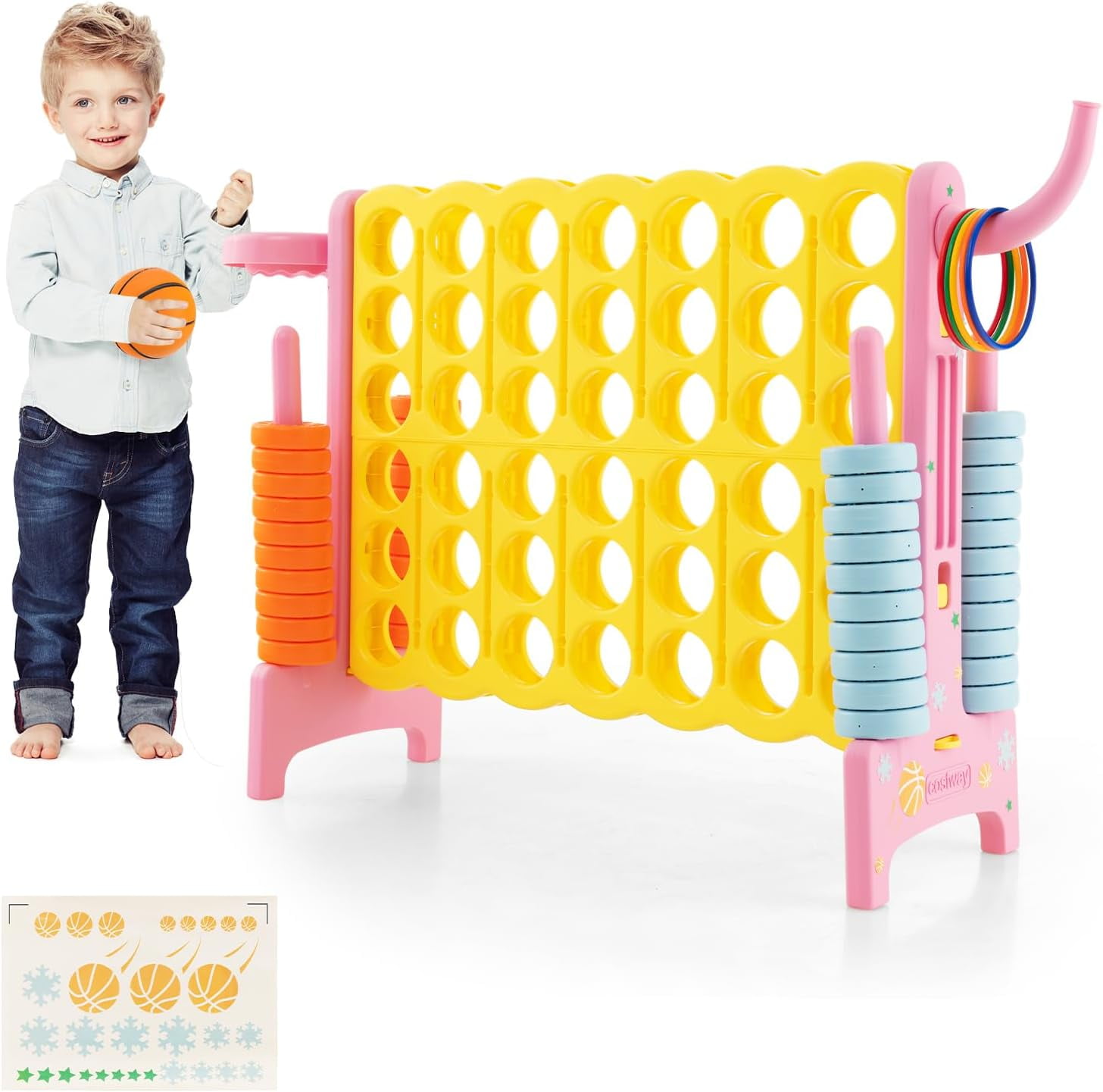 HJTER Jumbo 4-to-Score Giant Game Set for Kids & Adults, 2.5Ft Indoor Outdoor Game with Basketball Hoop, Ring Game, 42 Jumbo Rings, Quick-Release Slider, Perfect for Birth & Holiday Party