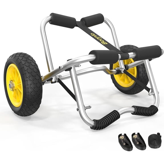 HJTER Kayak Cart Canoe Dolly Fishing Kayak Accessories Carrier Foldable Paddle Board Trolley Boat Trailer Transport with NO-Flat Airless Tires Wheels and 2 Ratchet Straps