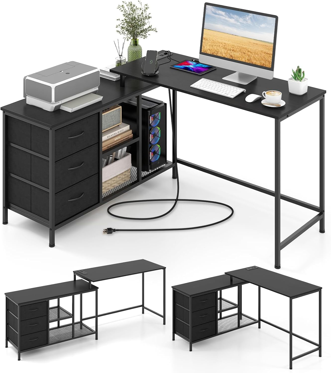 HJTER L Shaped Computer Desk with Drawers, 81" Convertible Corner Desk with Charging Station and Storage Shelves, Study Writing Desk, Modern Long Corner Gaming Table for Home Office (Black)