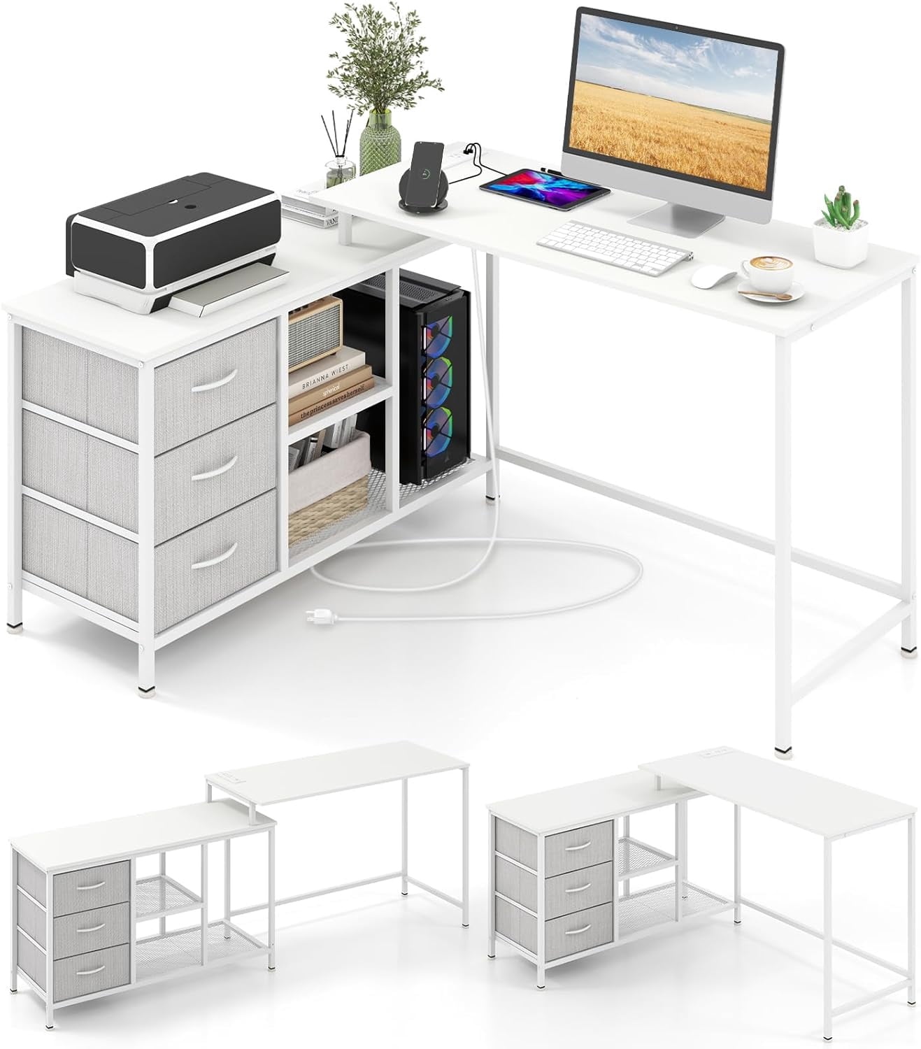 HJTER L Shaped Computer Desk with Drawers, 81" Convertible Corner Desk with Charging Station and Storage Shelves, Study Writing Desk, Modern Long Corner Gaming Table for Home Office (White)