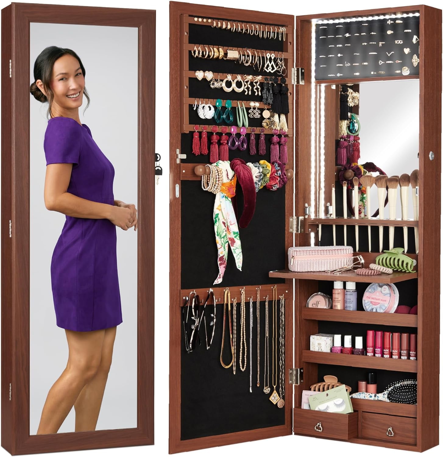 HJTER LED Mirror Jewelry Cabinet, Tall Lockable Wall or Door Mounted Jewelry Armoire Organizer with Mirror, 2 Drawers, Lock, Cosmetic Tray, Shelves - Walnut