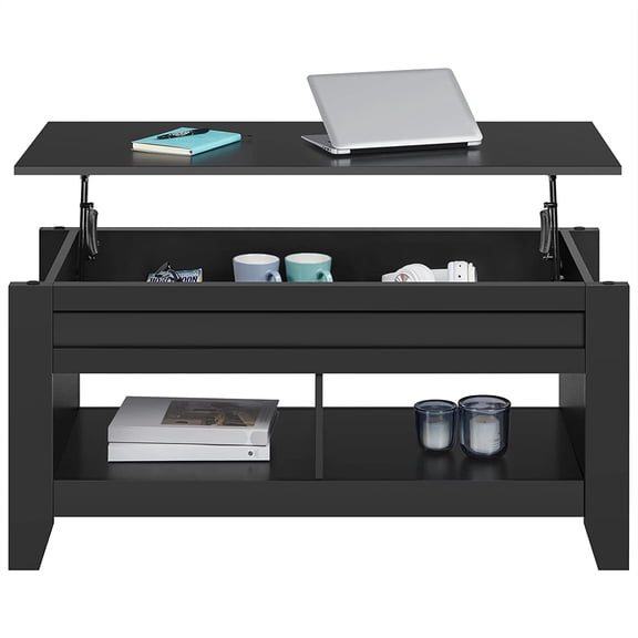 HJTER Lift Top Coffee Table with Hidden Storage Compartment & Open Shelf, Lift Tabletop Farmhouse Cocktail Table for Living Room, Black