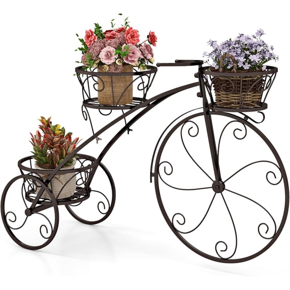 HJTER Metal Bicycle Planter, 3 Tier Tricycle Flower Plant Stand w/ 3 Decorative Wheels, Parisian Style Flower Display Stand Cart for Home Decor Patio Garden Flower Shop Indoor Outdoor (Bronze)