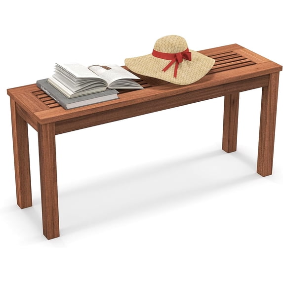 HJTER Outdoor Backless Bench, Patio Dining Bench with Breathable Slatted Seat, 2-Seat Rustic Wood Bench for Entryway, Garden, Backyard, Deck, Natural