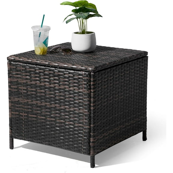 HJTER Outdoor Side Table, Rattan Coffee Table with Storage 27 Gallon Patio Small Deck Storage Box for Cushion Towel Books, Brown Side Table with lid