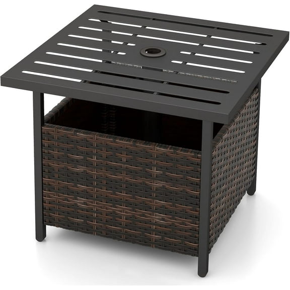 HJTER Outdoor Side Table with Umbrella Hole, 22" Wicker Umbrella Stand Holder and Base, Weather-Resistant PE Rattan Patio End Table for Deck Garden Poolside (Metal Tabletop, Brown)