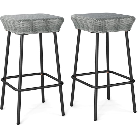 HJTER Patio Bar Stools Set of 2, 29.5 Metal Bar Height Stools with Rattan Seat & Footrest, Heavy-Duty Wicker Outdoor Backless Seating Furniture for Backyard, Porch, Poolside (1, Mix Gray)