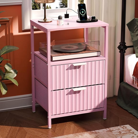 HJTER Pink Nightstand with Charging Station and Fabric Drawers, Fluted Nightstand with Drawers, Night Stand Pink Bedside Table with Charger Station for Bedroom, Kids Room, 14.96" W*11.81" D*23.78" H