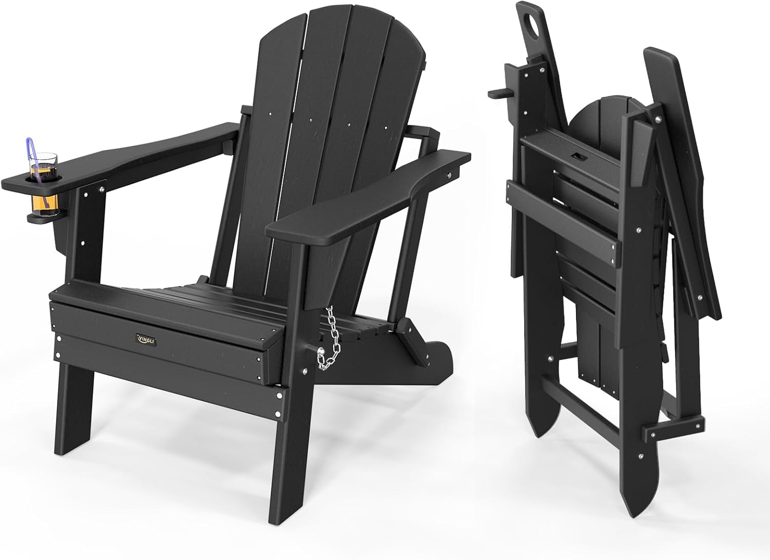 HJTER Plastic Adirondack Chairs, Folding with Cup Holder, Waterproof HDPE Material, Comfortable 380lb Weight Capacity for Outdoor Pool Patio Lounge Chair Lawn Furniture Firepit (Black)