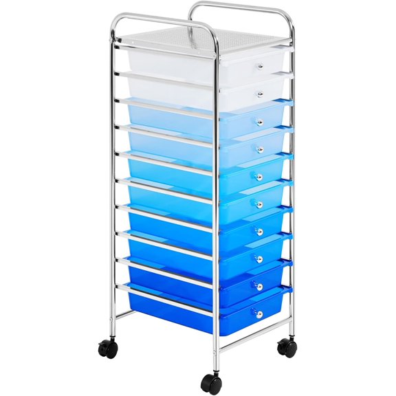 HJTER Plastic Trolley with 10 Drawers Rolling Cart Organizer Utility Cart Storage Bin Organizer on Wheels, Blue Gradient
