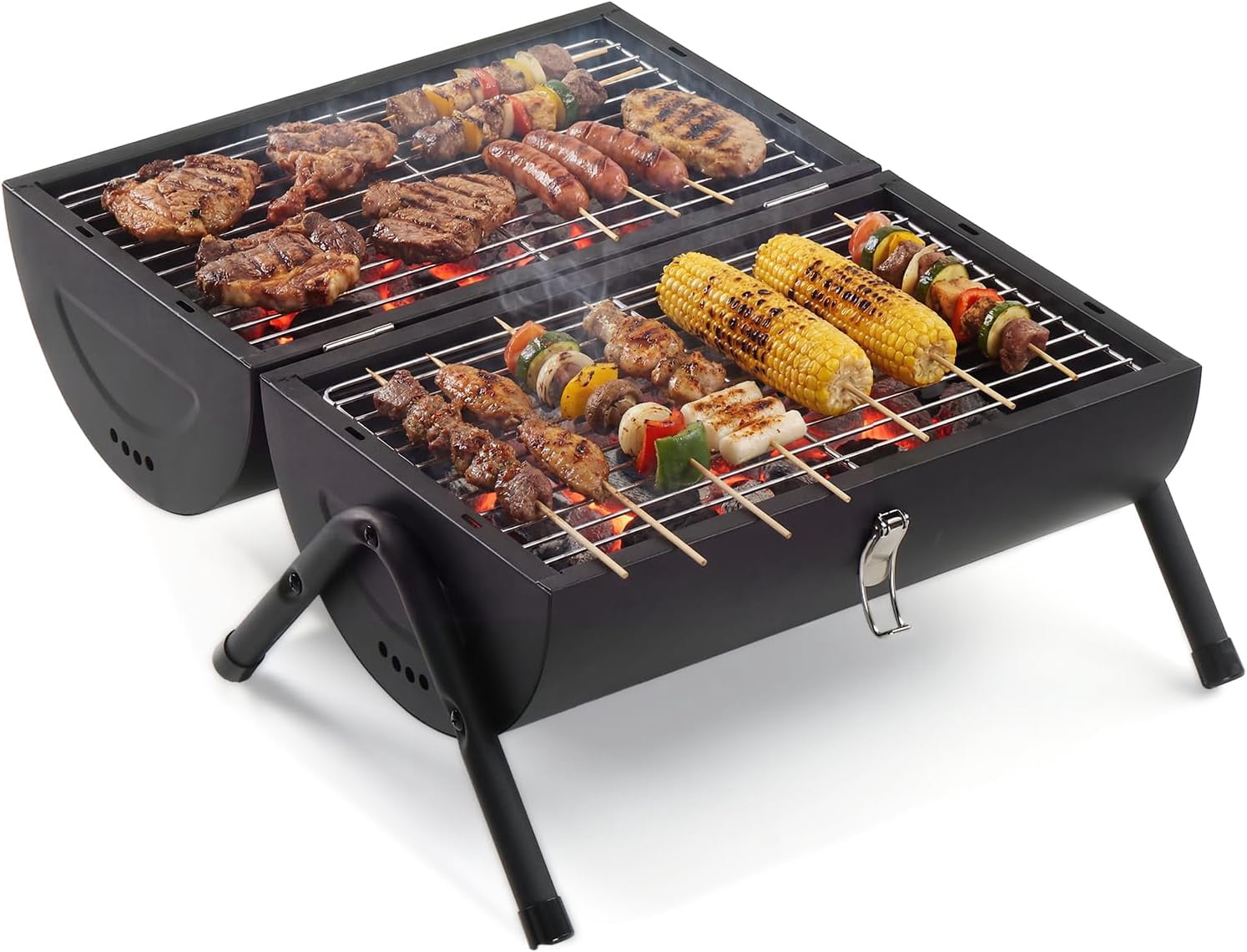 HJTER Portable Charcoal Grill with Thermometer, Dual-Sided Small Tabletop Barbecue Grill for Outdoor Camping BBQ Cooking Backyard Party, Heavy Duty, Easy Assembly (Black)