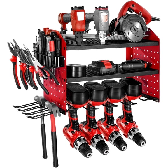 HJTER Power Tool Organizer Wall Mount, 3-Layer Storage Rack with 4 Drill Holders, Tools Holder and Storage Rack with Side Pegboards, Garage Tool Organizer for Garage, Workbench, and Workshop