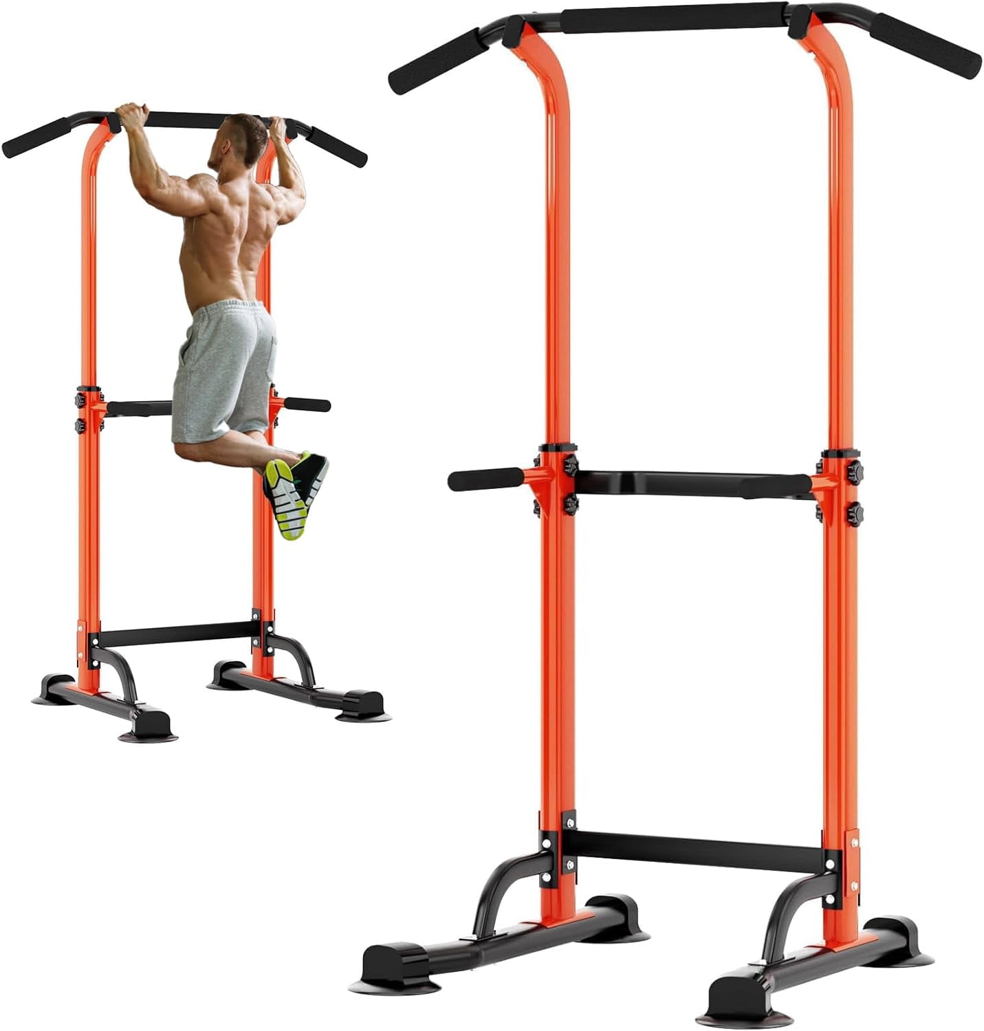 HJTER Power Tower Pull Up Bar Station, Free Standing Pull Up Rack Dip Station for Home Gym, Height Adjustable Home Strength Training Fitness Workout Equipment