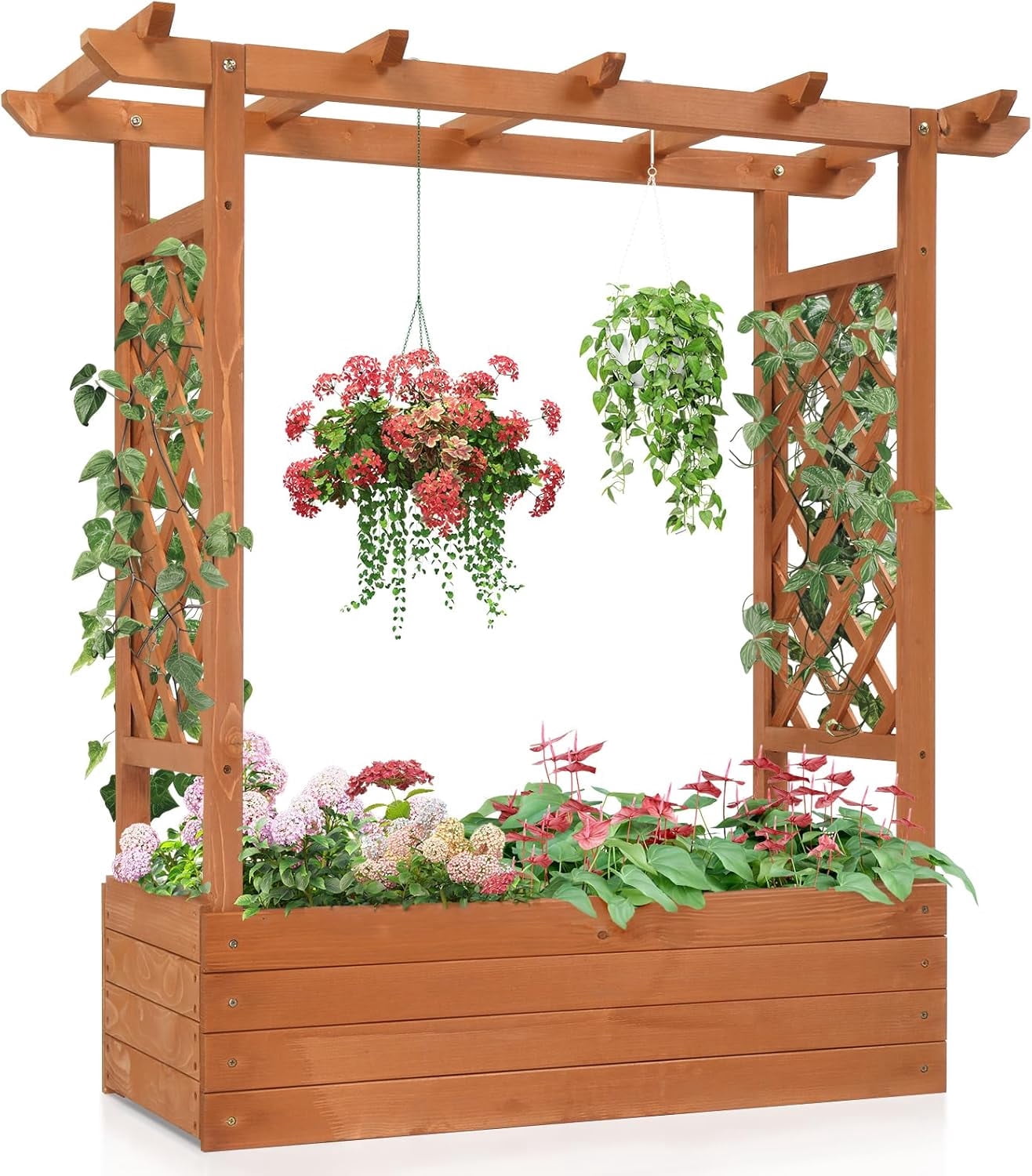 HJTER Raised Garden Bed with Trellis, Wood Planter Box with Hanging Roof, Side Trellis and Drainage Holes, Above Ground Elevated Garden Bed for Outdoor Climbing Plants Vines Vegetables (Teak Color)