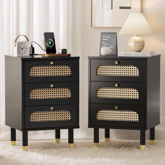 HJTER Rattan Nightstand with Charging Station, Nightstands Set of 2, 3 Drawer Night Stand for Bedroom, Wood Bed Side Table, Boho Endtable with Drawers, Black