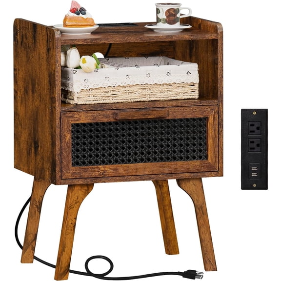 HJTER Rattan Nightstand with Charging Station, Side Table with Drawer Open Shelf, Cane Accent Bedside End Table with Solid Wood Legs, Night Stand for Bedroom, Dorm and Small Spaces (Brown)