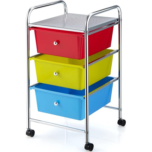 HJTER Rolling Cart with Drawers, Craft Organizer with Wheels, 3 Drawer Storage Container Bins for Back to School Office Scrapbook Paper Tools Red, Green & Blue
