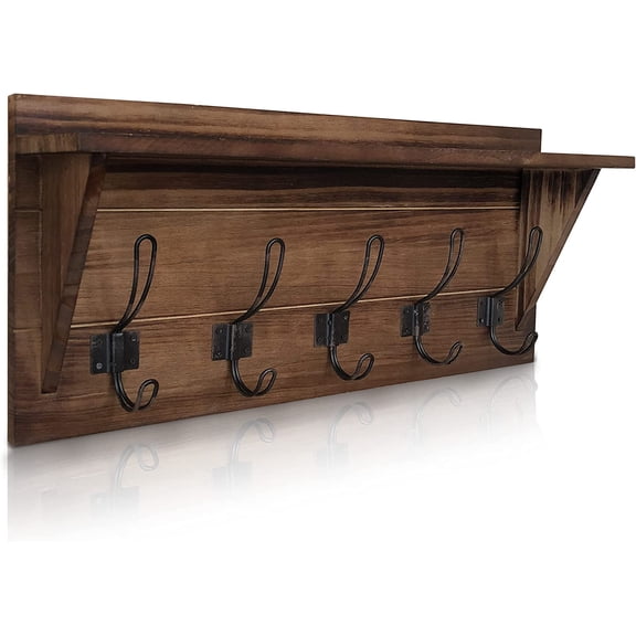 HJTER Rustic Brown Solid Wood Wall Mounted Coat Rack with Shelf, 5 Hooks, 24" Long - Kitchen, Mudroom, Entryway, Bathroom - Includes Mounting Hardware, Coat Hanger, Dog Leash Hooks